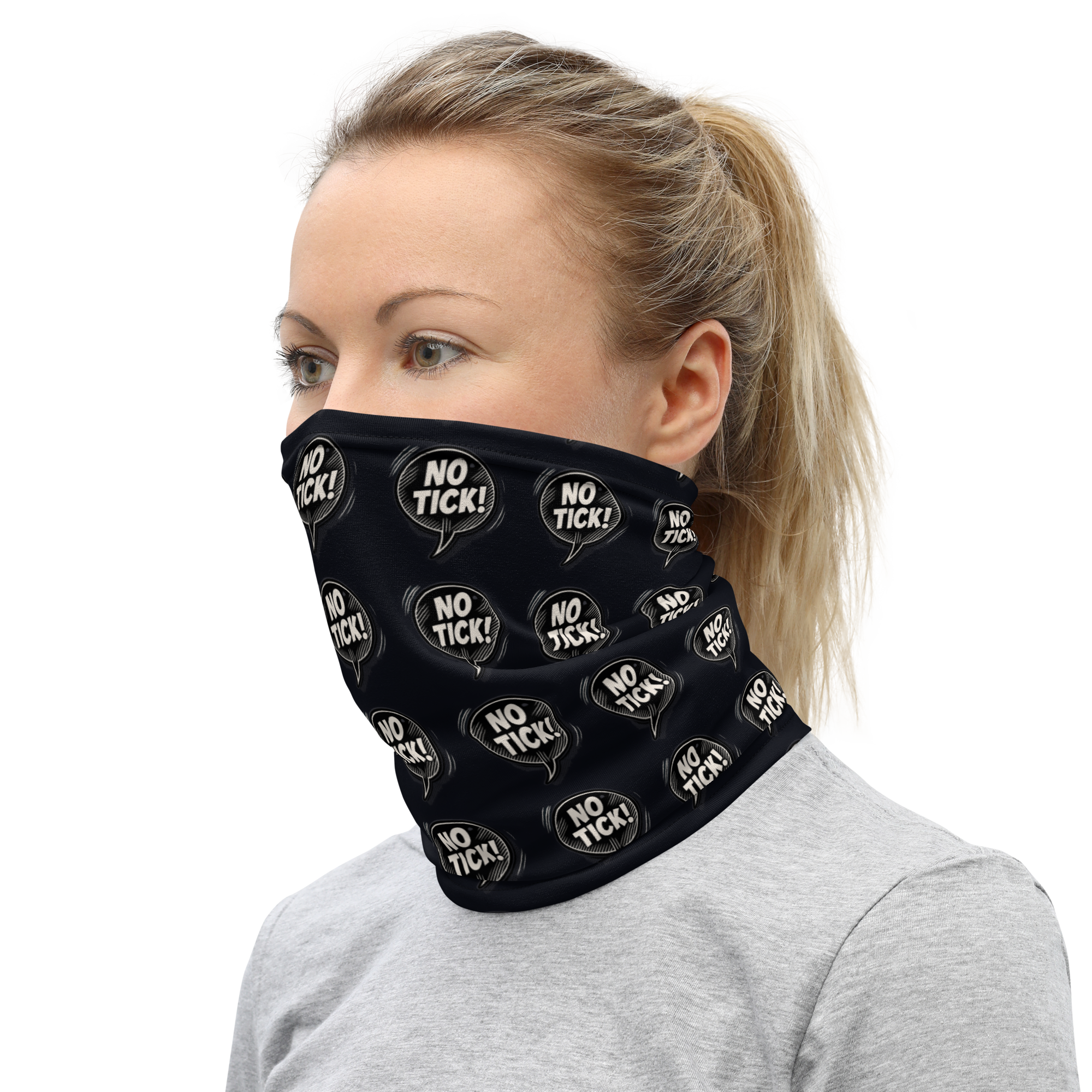 Person wearing a black face mask with 'NO TICK!' white text on a black background