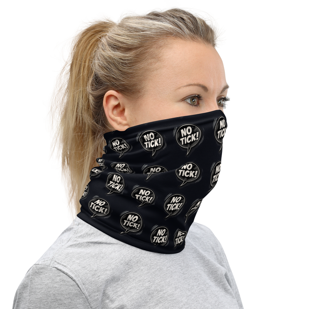 Person wearing a black face mask with 'NO TICK!' white text on a black background