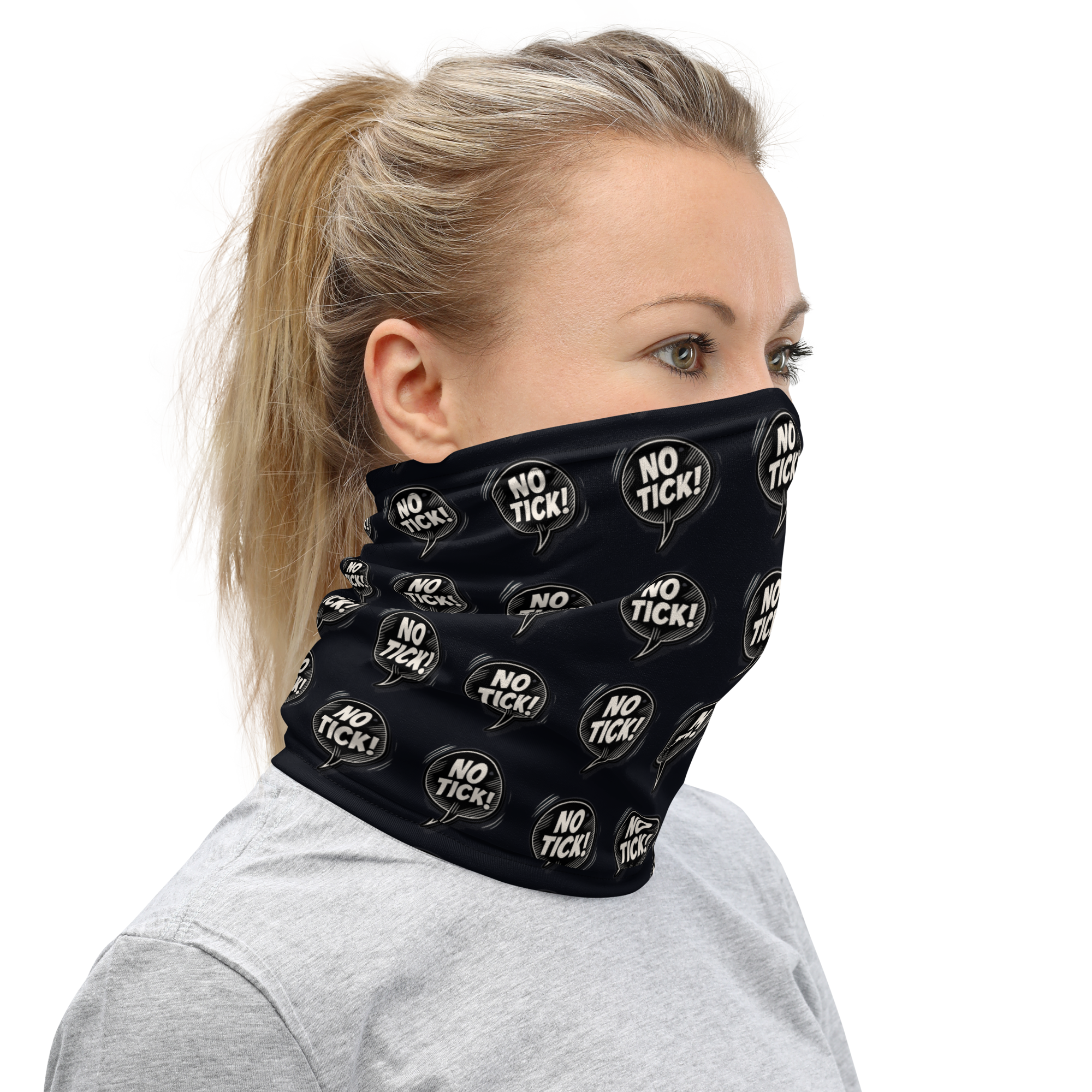 Person wearing a black face mask with 'NO TICK!' white text on a black background