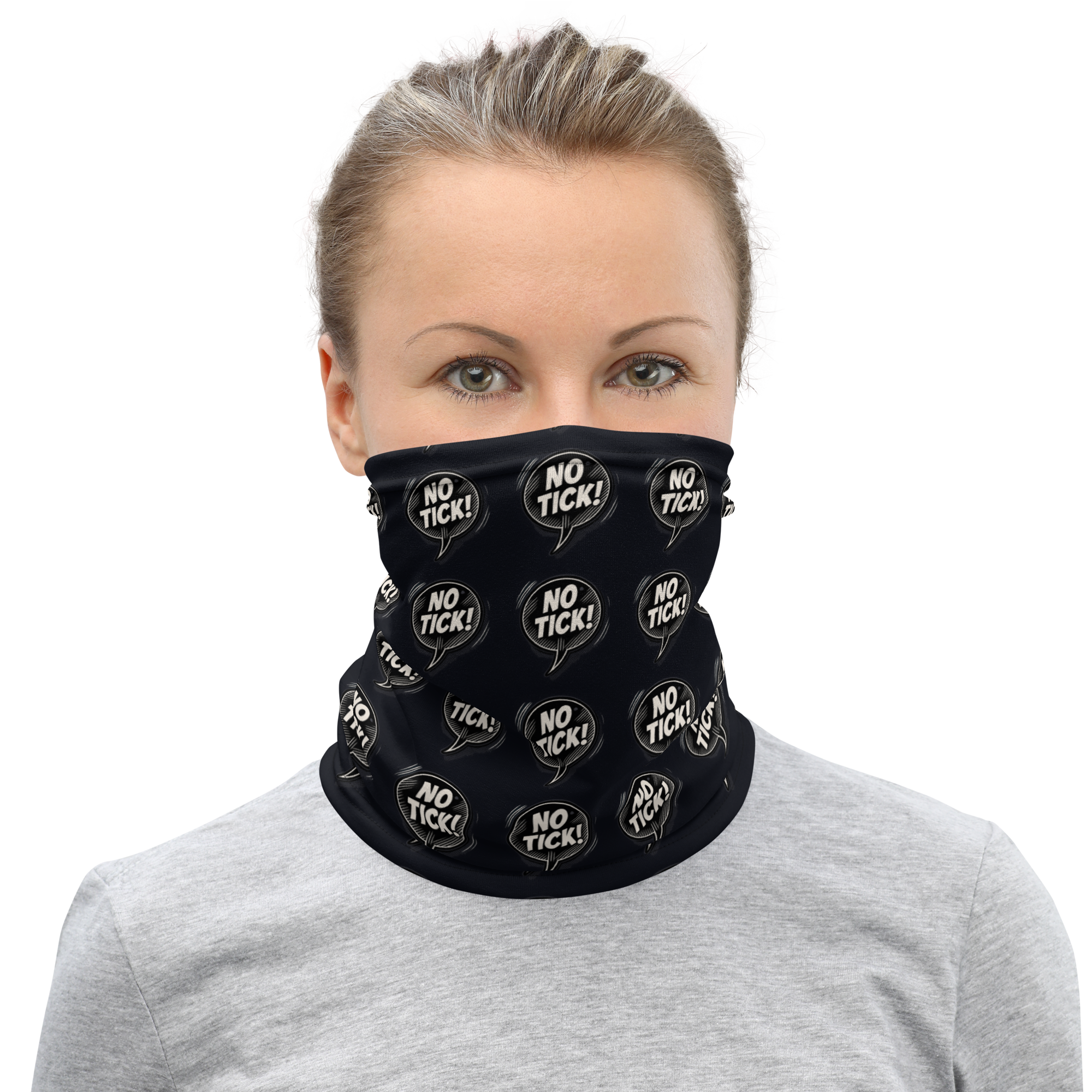 Person wearing a black face mask with 'NO TICK!' white text on a black background