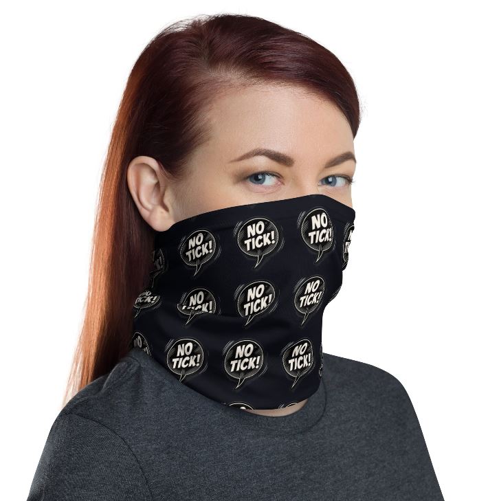 Person wearing a black face mask with 'NO TICK!' white text on a black background